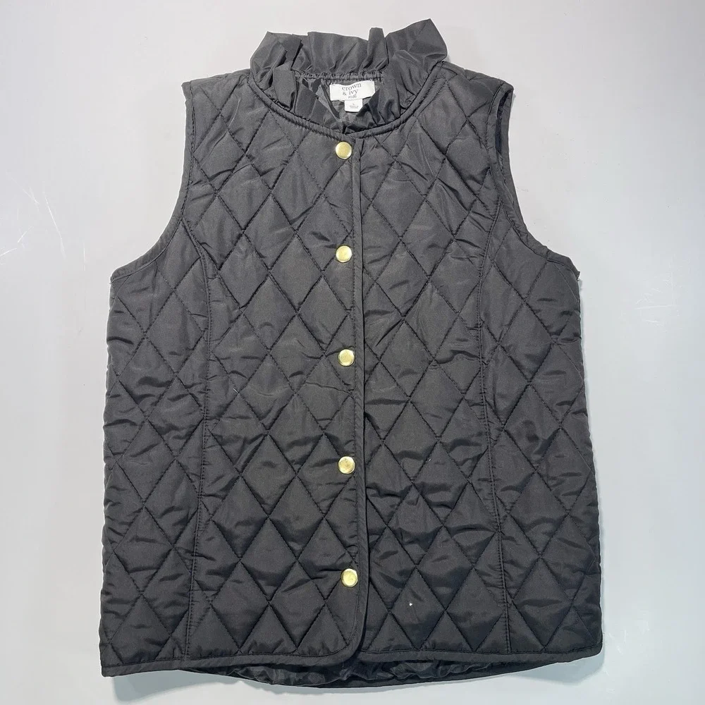 Crown And Ivy Girls Quilted Puffer Vest Black Large Ruffled Collar